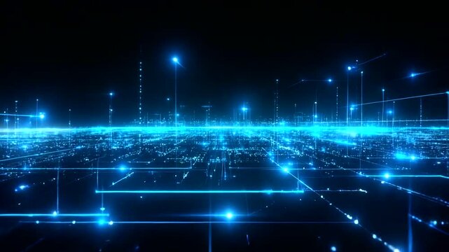 Abstract digital landscape featuring glowing blue lines and nodes representing data flow, with a dark background
