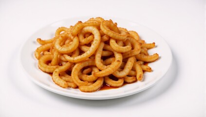 Close-up of a plate of fried calamari on white background