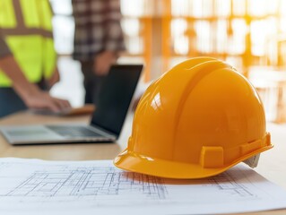 A close-up of a yellow hard hat on blueprints, with a blurred background of a person working on a laptop, indicating a construction or engineering setting.