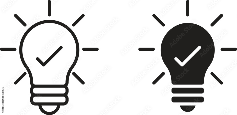 Poster two simple lightbulb icons, one outline and one solid, each with a checkmark inside, isolated on whi