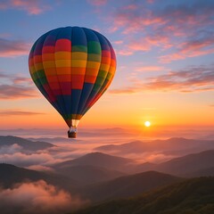 Fototapeta premium Colorful Hot Air Balloon Soaring Above Misty Mountains at Sunrise