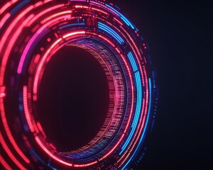 A vibrant, abstract creation featuring concentric circles of neon lights in red, blue, and purple hues against a dark background.
