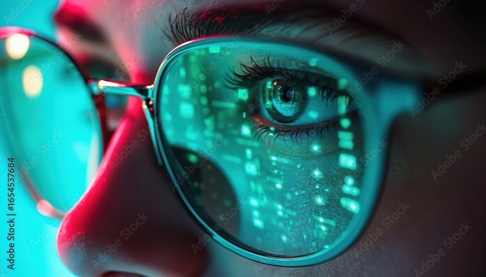 Poster close-up of eye reflecting glowing digital data streams on eyeglasses. cyber programmer working on c