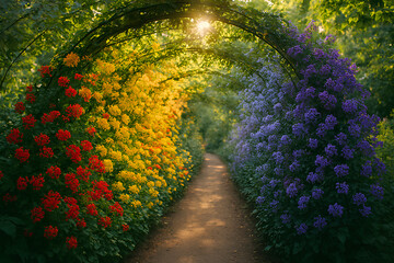 Garden path lined with multi-colored flowers forming a rainbow tunnel