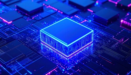 Abstract digital circuit board with glowing central cube