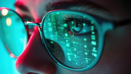 Close-up of eye reflecting glowing digital data streams on eyeglasses. Cyber programmer working on complex code, analyzing information. Futuristic cyberspace, innovation, tech security concept.