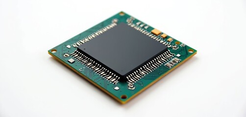 BGA package processor on green circuit board, isolated on white. Intricate design, fine pins, semiconductor component. Technology, hardware, engineering, digital innovation, advanced system