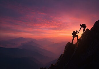 Fototapeta premium Two climbers, silhouettes against a vibrant sunrise, reach out to help each other on a mountain ridge. Vast mountain range extends into the distance, veiled in misty atmosphere