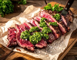 Perfectly Grilled Ribeye Steak Slices with Fresh Chimichurri Sauce.