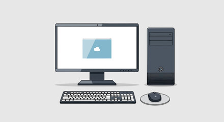 Fototapeta premium Clean lined desktop computer setup with cloud storage interface screen