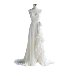 Fototapeta premium Elegant, flowing, cream-colored wedding dress with draped bodice and ruffled skirt