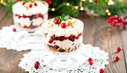 Festive cranberry dessert parfaits on a wooden table