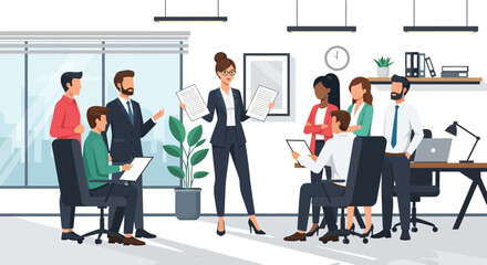 Corporate team meets to strategize plans in a modern office space