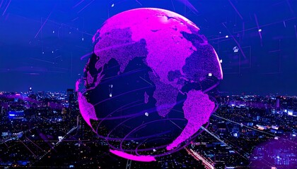 Futuristic globe over a city at night