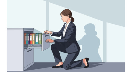 Diligent professional arranging documents in the office archive repository