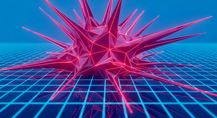 Abstract Red Spiky Digital Object on Blue Grid. Futuristic Science and Technology Concept