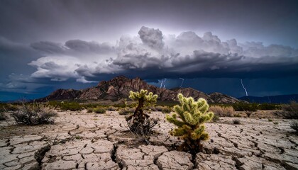 Dramatic desert landscape under stormy sky
