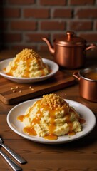 Ok Delicious honey-drizzled mashed potatoes in a rustic cozy kitchen setting comfort food close up