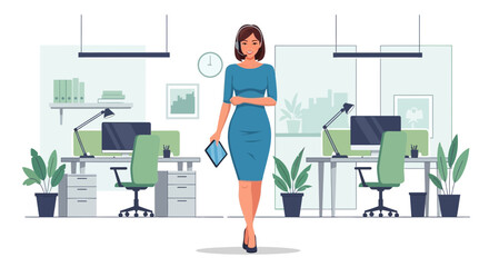 Elegant office manager with tablet poses in modern workplace environment