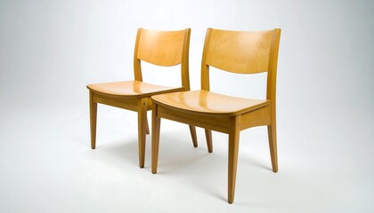 Fototapeta premium Two light-colored wooden chairs, sleek and modern in design, are presented against a bright, neutral background.