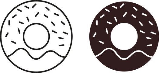 Two donut icons: one line art, one solid. Both feature sprinkles. Isolated on white.