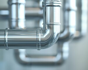 A close-up view of shiny metal pipes interconnected at various angles, showcasing their smooth surfaces and modern creation.