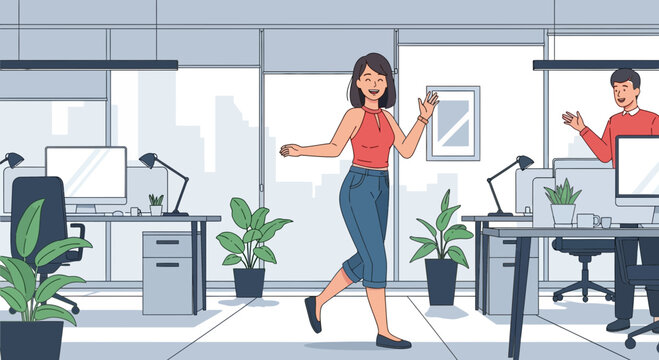 Enthusiastic coworker greets colleague in modern open plan office setting