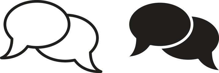Two speech bubbles, one outlined and one filled, representing conversation or dialogue. Isolated on white.