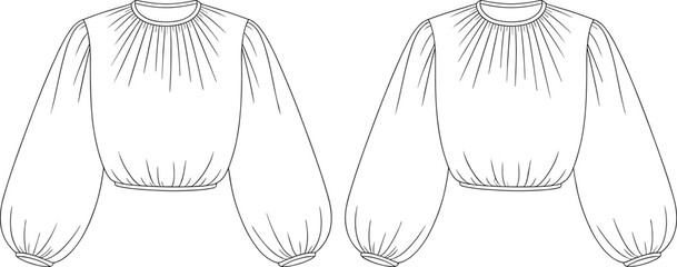 Round neckline blouse, gathered neck detail, voluminous sleeve design, wrist and waist gathers, cropped length, front and back view, vector CAD fashion flat drawing illustration