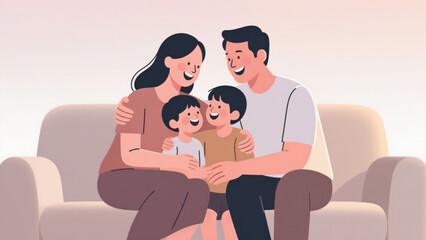 Obraz premium Flat vector of a happy family sitting on the sofa together, clean background.