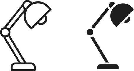 Pair of simple desk lamp icons, one line art, one solid black, isolated on white.