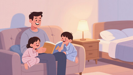 Flat vector scene of a dad reading bedtime stories to children, clean background.