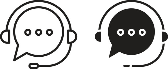 Two simple support icons, one black and one white, featuring a headset and speech bubble. Isolated on white background.