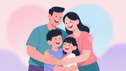 Obraz premium Flat vector of family hugging and smiling together, clean background.