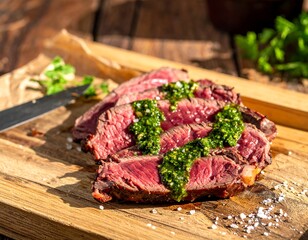 Perfectly Sliced Rare Steak with Chimichurri Sauce on Wooden Board.