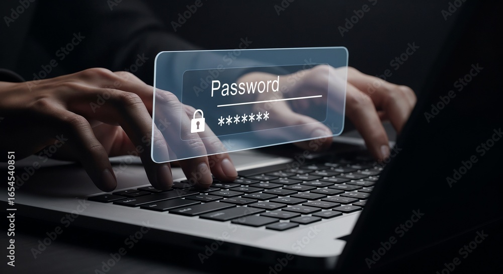 Fototapete hands type on a laptop with a holographic password entry field floating above. cybersecurity and use