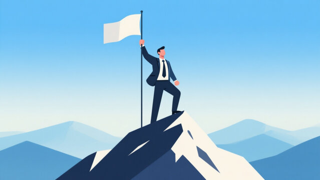 Career success concept, businessman on mountain peak with flag, flat design