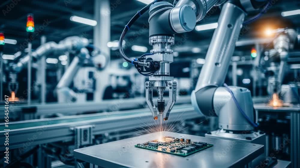 Poster advanced robotic arm integration of electronic parts in automated production environment.