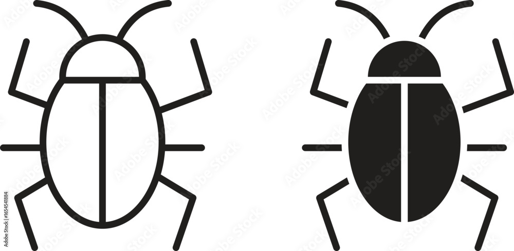 Poster two simple bug icons, one line art and one solid black, isolated on white. perfect for app design or