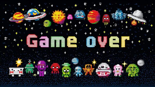 Retro pixel art game over screen with colorful planets stars and funny alien characters in outer space
