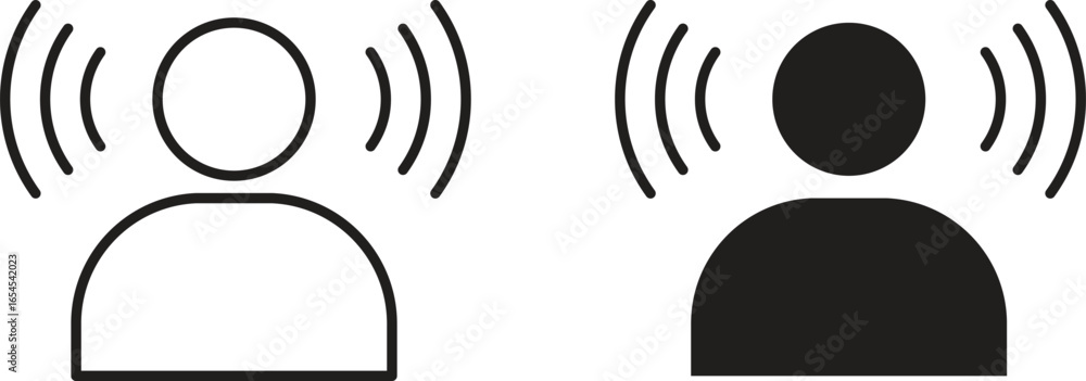 Poster two simple user icons, one black and one outline, each with radiating signal waves. isolated on whit