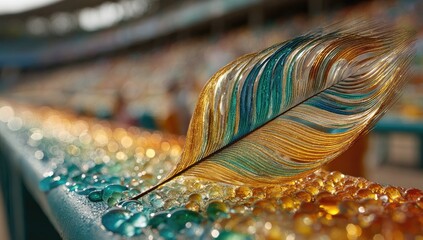 Vibrant feather rests on a wet metal railing, surrounded by colorful glass beads