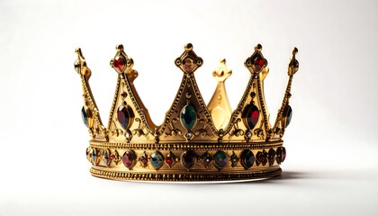 Ornate golden crown with colorful gems sits against a bright background, displaying intricate detail and royal grandeur.