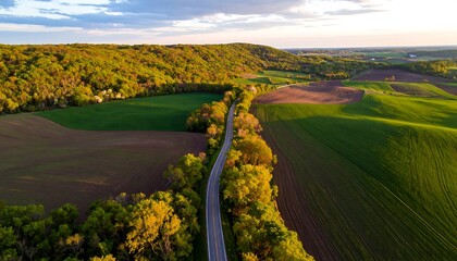 A winding road winds through a landscape of rolling hills, fields, and forests, showcasing a serene and vibrant rural scene at sunset.
