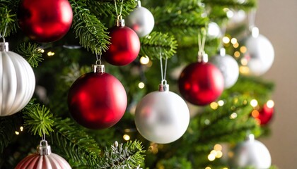 Fototapeta premium Festive close-up of a decorated Christmas tree with ornaments and twinkling lights