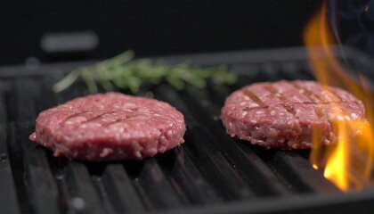 Two uncooked hamburger patties are situated on a hot griddle, with flames rising around them.