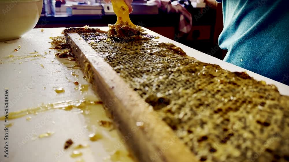 Poster wax removed using uncapping fork to unseal honeycomb, close-up