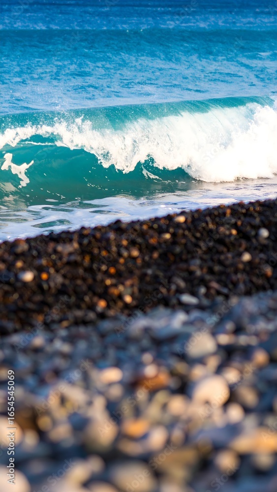 Poster a wave curls and breaks on a shoreline of dark pebbles, with blurred rocks in the foreground and the