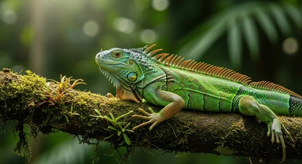 Fototapeta premium Vibrant green iguana perched on mossy branch in lush rainforest