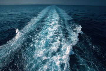 Tranquil Ocean Waves Trailing Behind a Vessel Under a Cloudy Sky in Deep Blue Water Scene